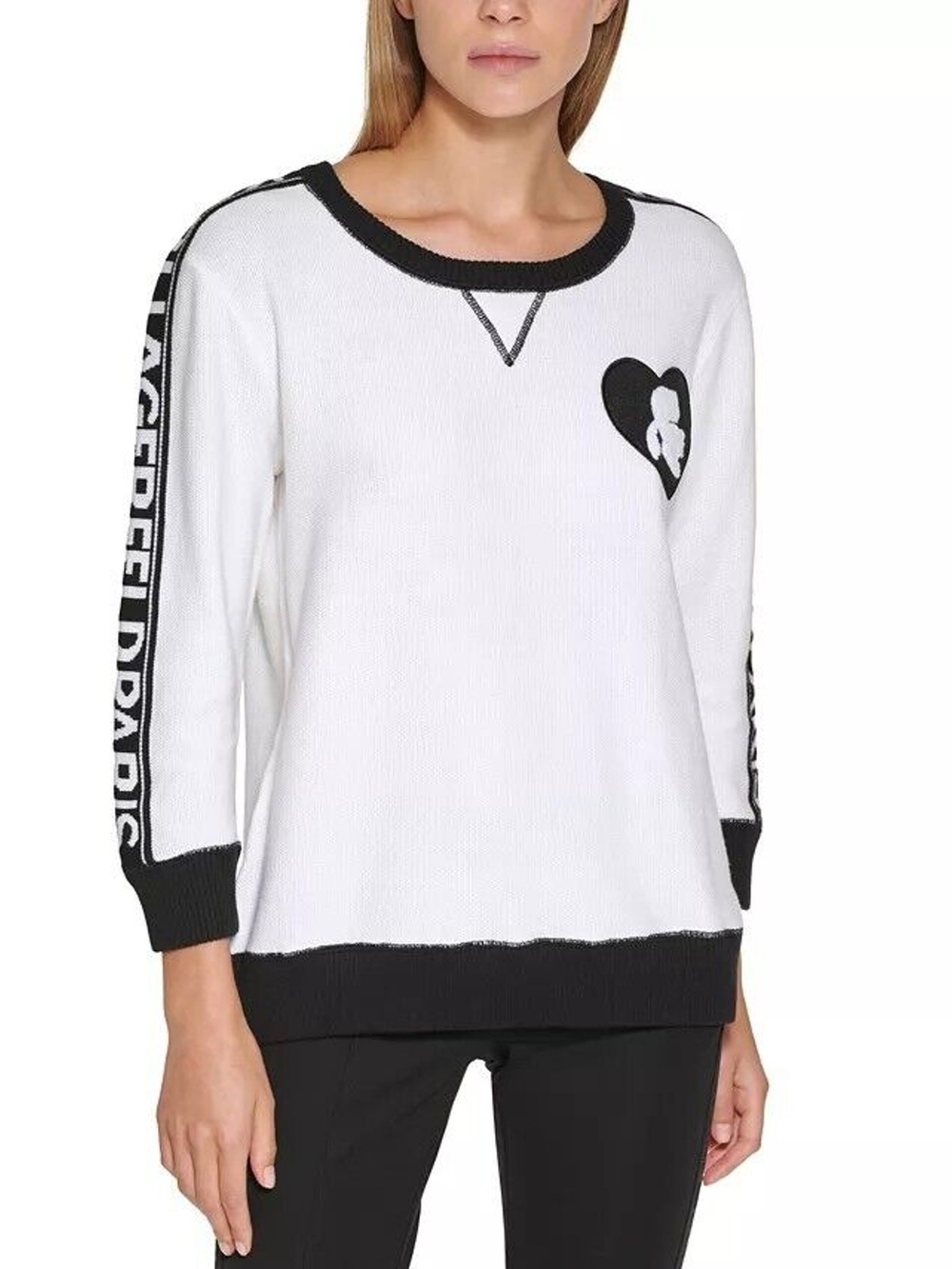 Karl Lagerfeld White & Black Heart Logo Knit Sweater PTP: 24-25.5, L: 27.5